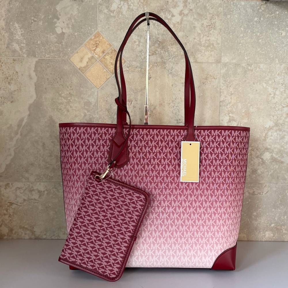 Michael Kors Eva Large Tote Shoulder Bag + 1 Pouch MK Ombre Cherry - Picture 2 of 15